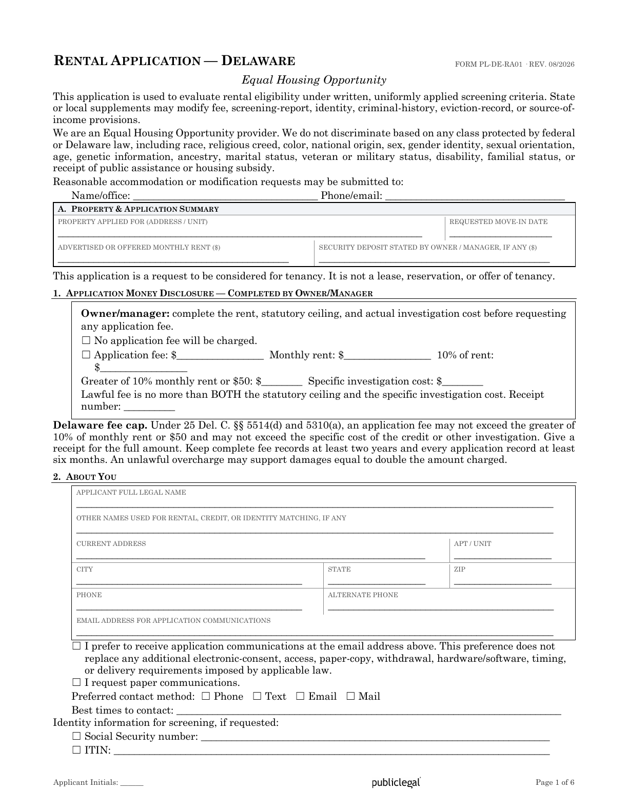 Page 1 of the Delaware Residential Rental Application form