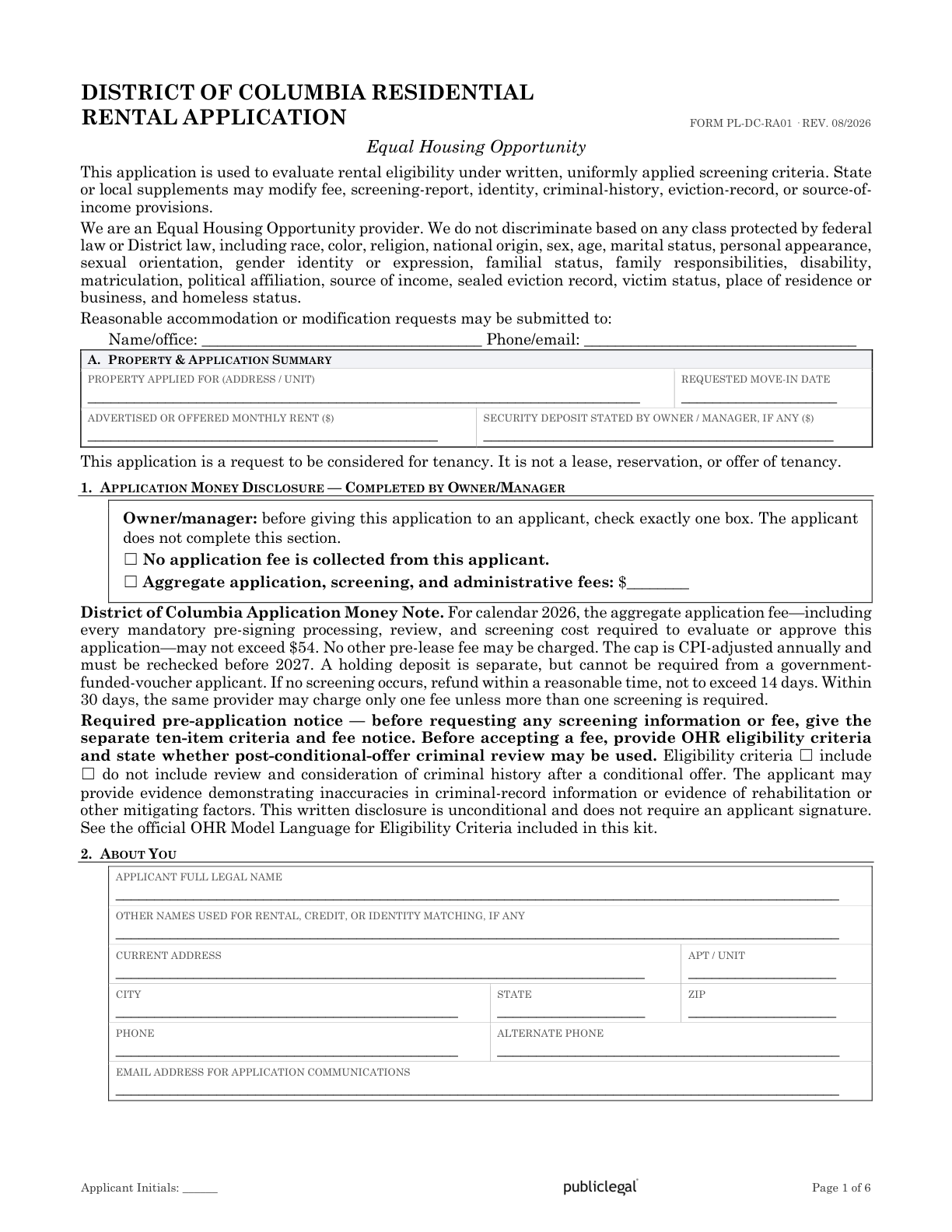 Page 1 of the District of Columbia Residential Rental Application form
