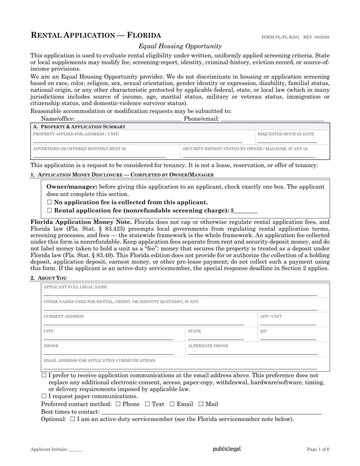 Page 1 of the Florida Residential Rental Application form