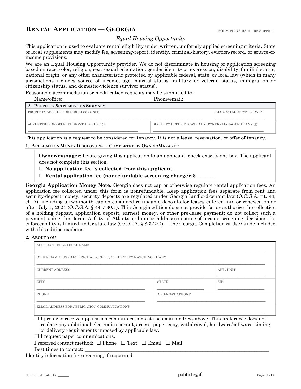 Page 1 of the Georgia Residential Rental Application form