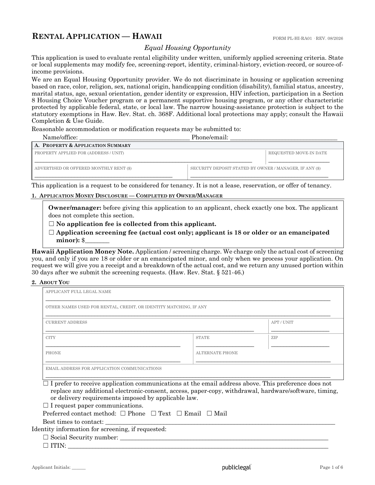 Page 1 of the Hawaii Residential Rental Application form
