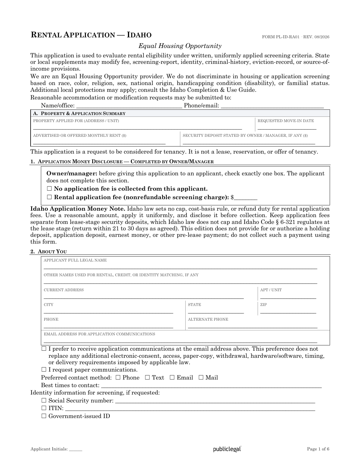 Page 1 of the Idaho Residential Rental Application form