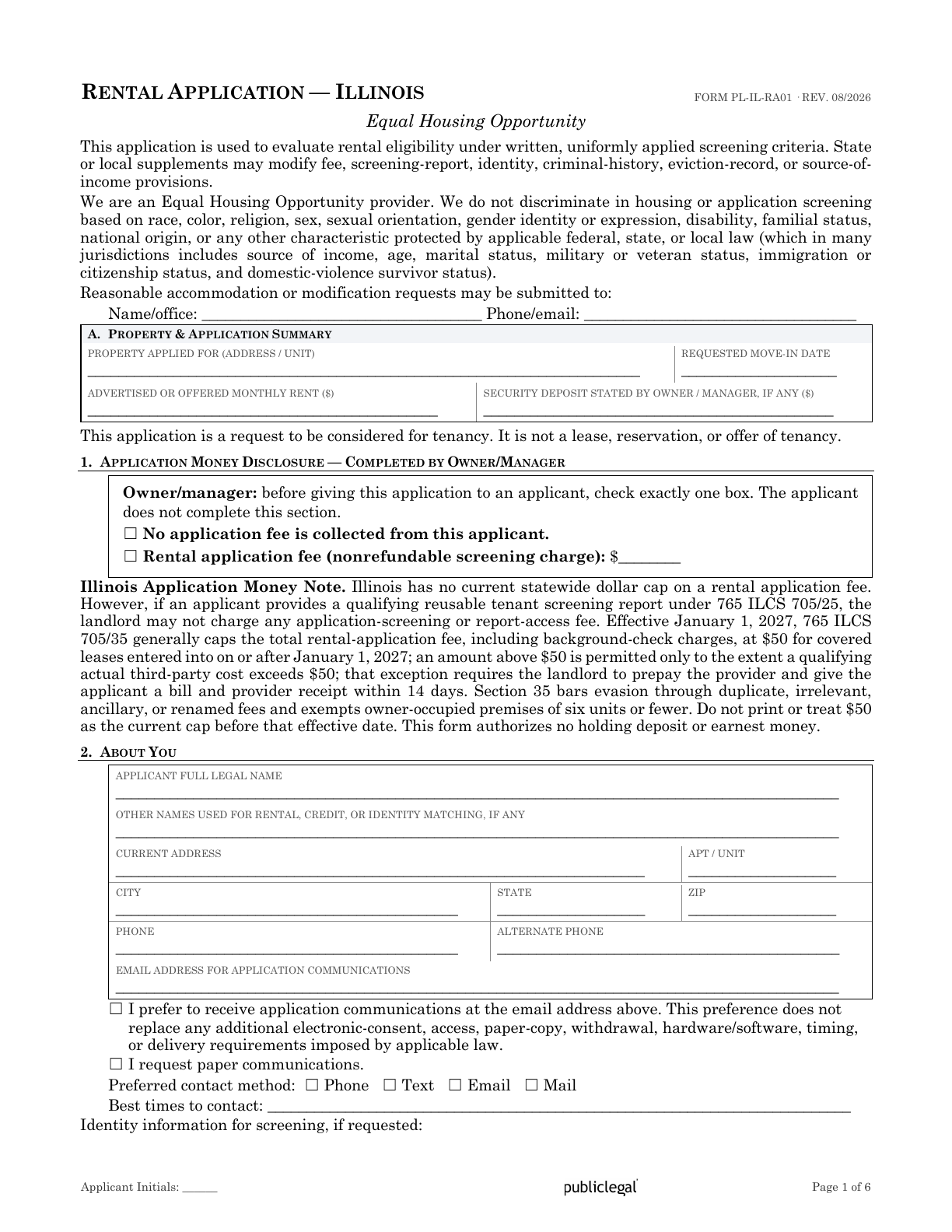 Page 1 of the Illinois Residential Rental Application form