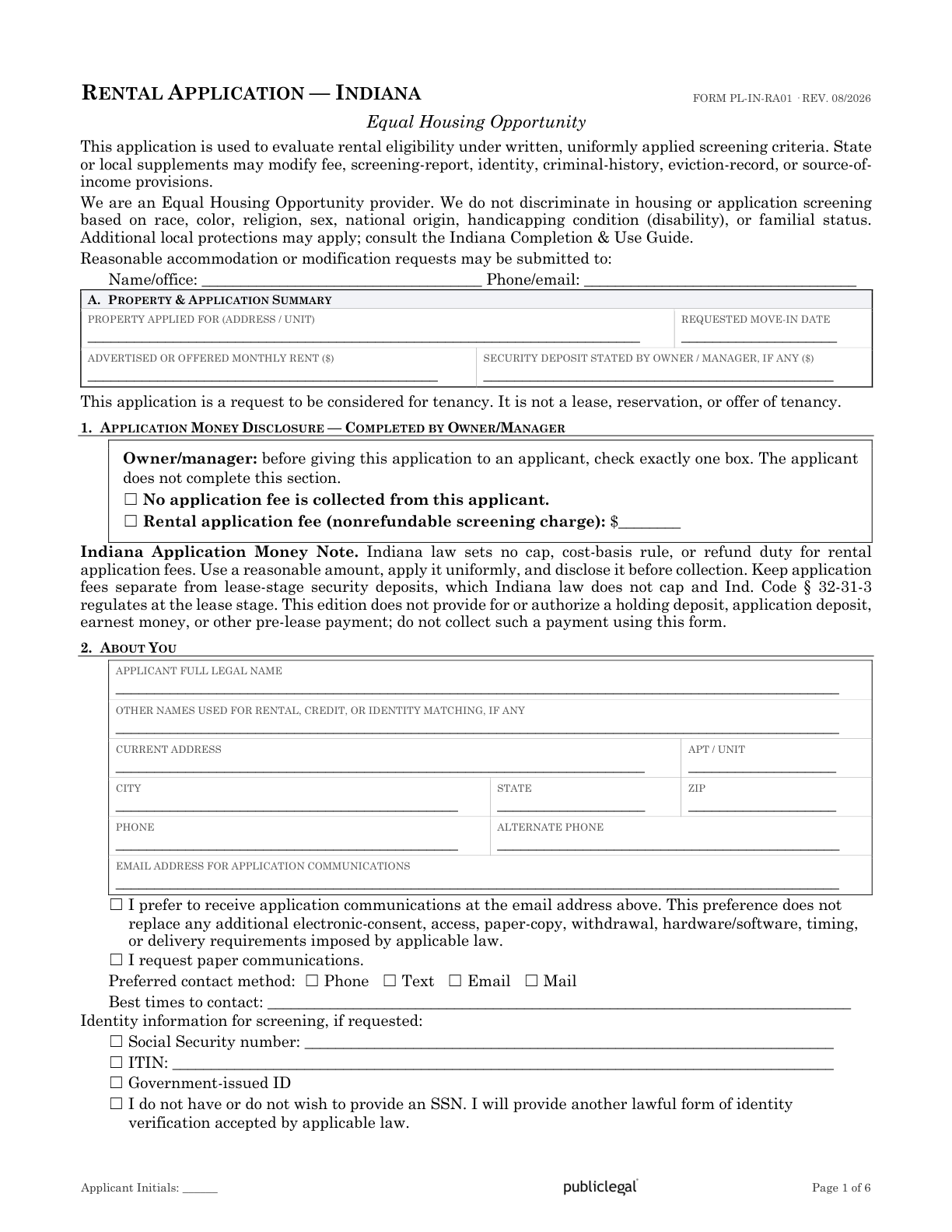 Page 1 of the Indiana Residential Rental Application form