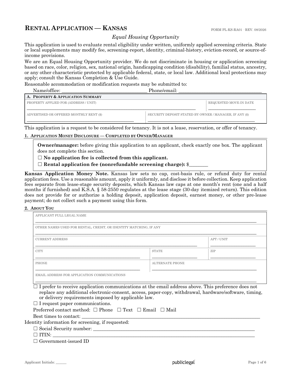 Page 1 of the Kansas Residential Rental Application form