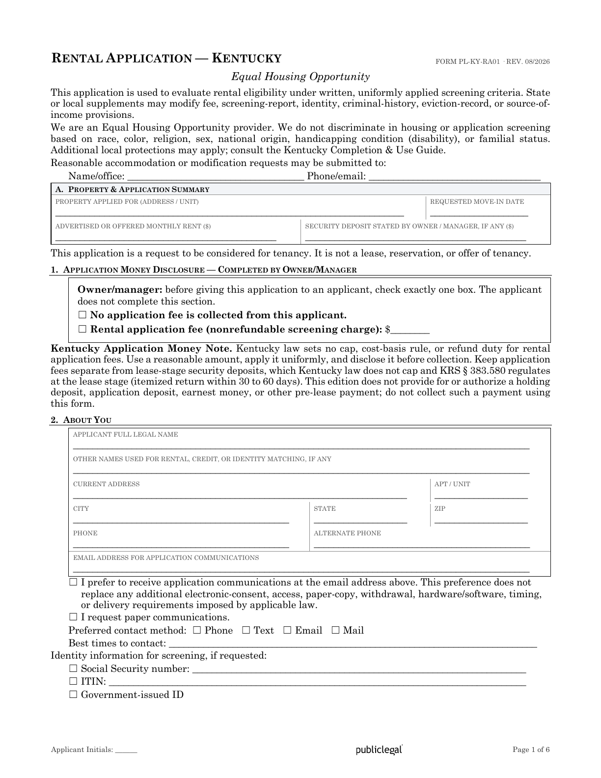 Page 1 of the Kentucky Residential Rental Application form