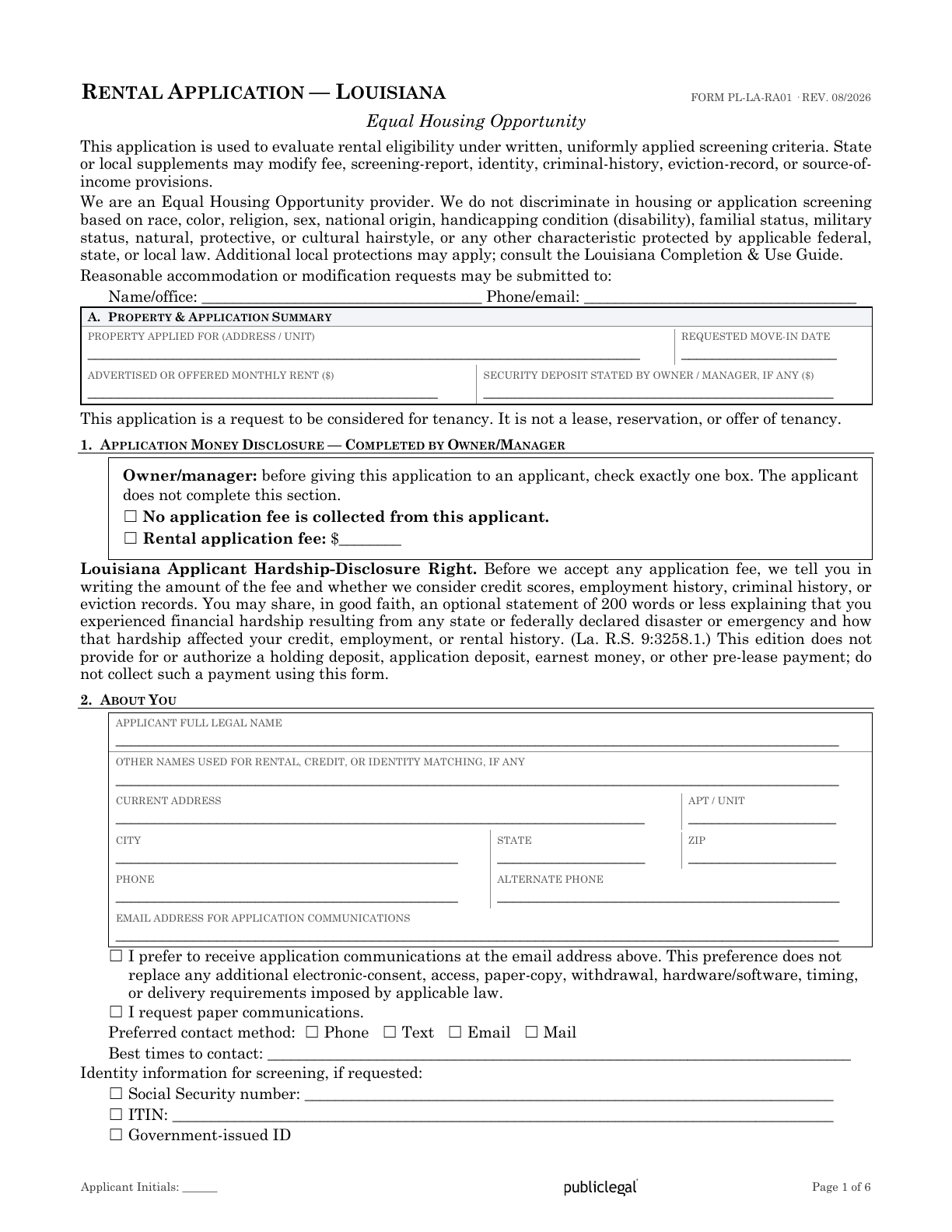 Page 1 of the Louisiana Residential Rental Application form
