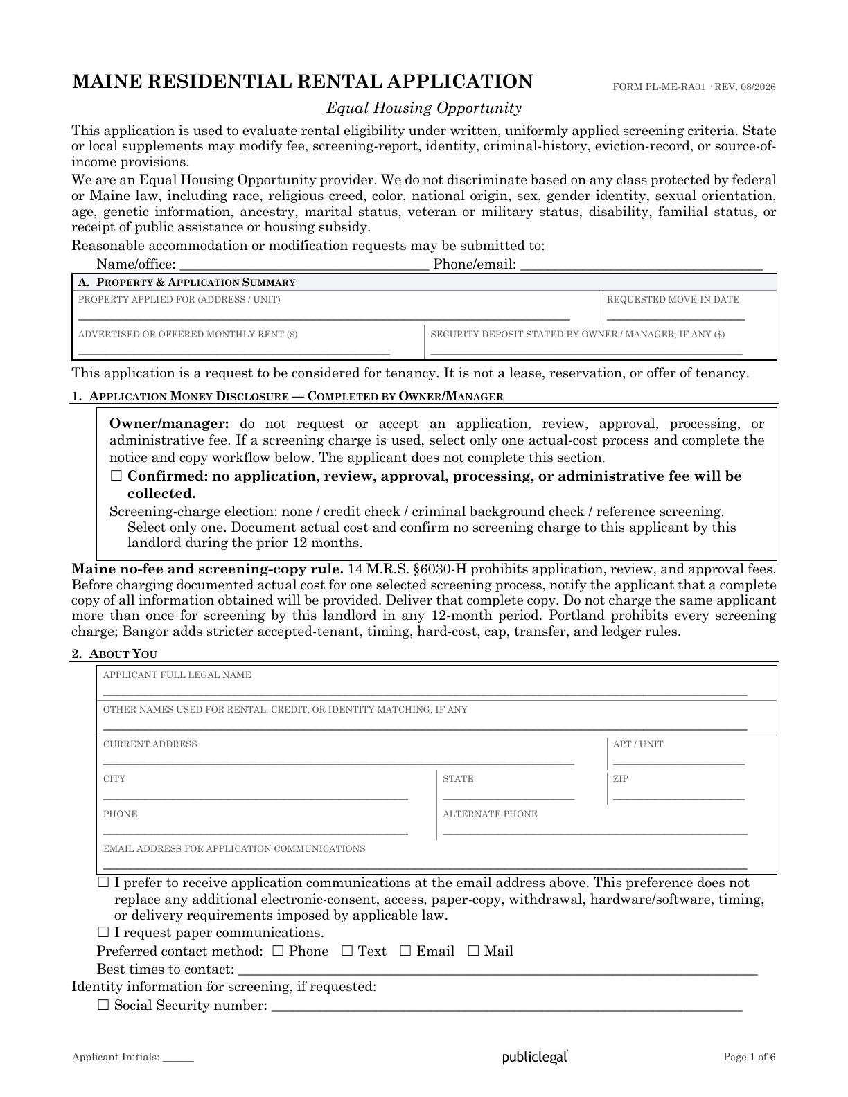 Page 1 of the Maine Residential Rental Application