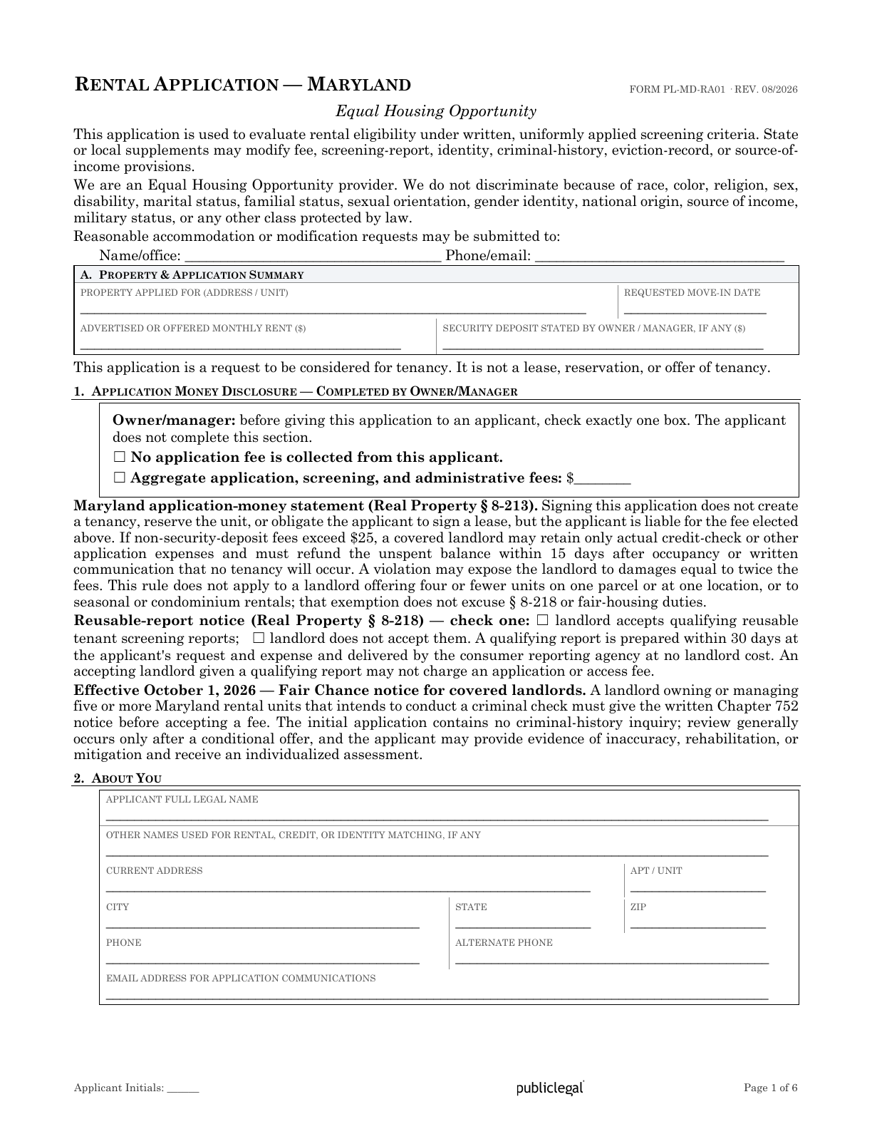 Page 1 of the Maryland Residential Rental Application form