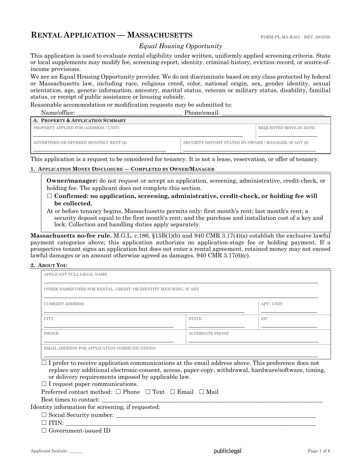 Page 1 of the Massachusetts Residential Rental Application form