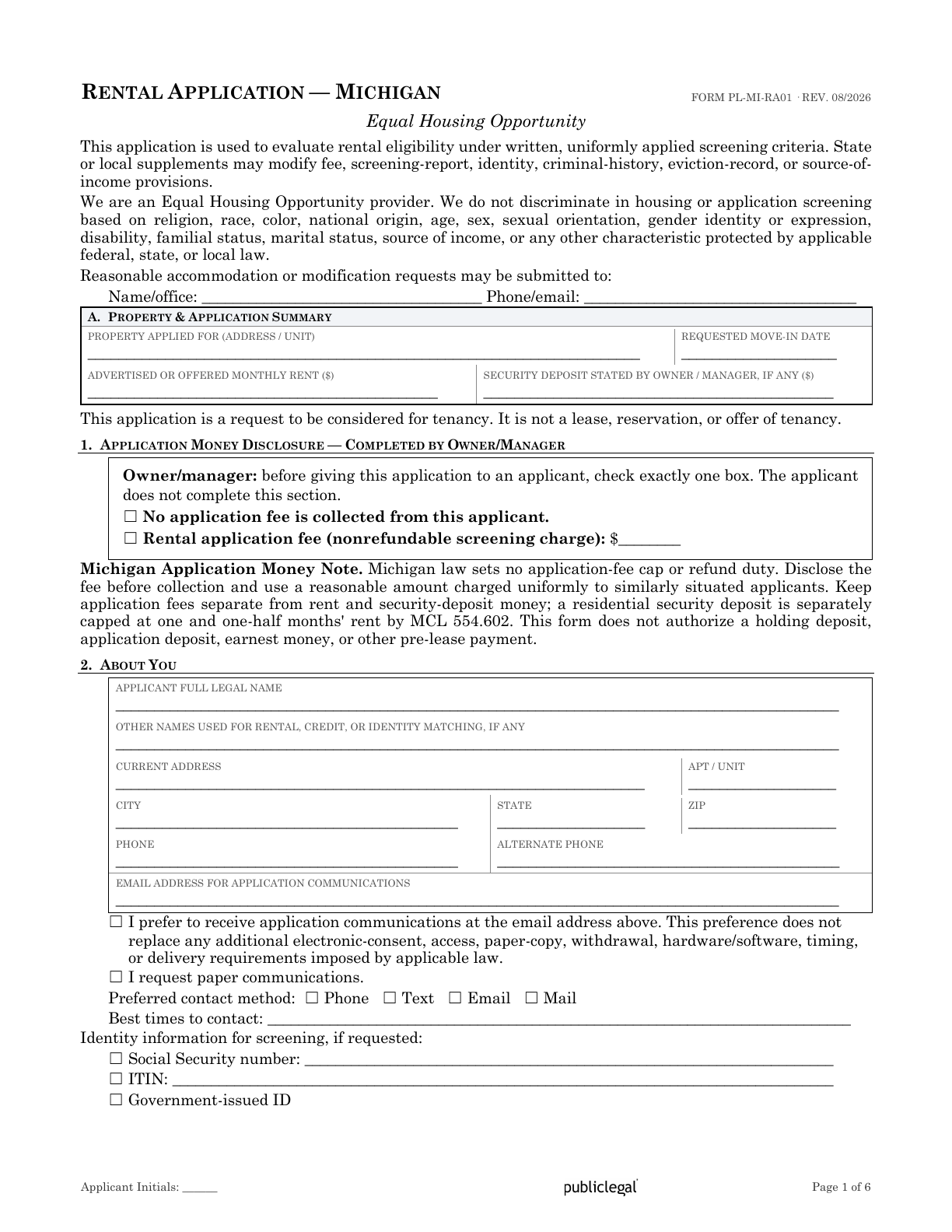 Page 1 of the Michigan Residential Rental Application form