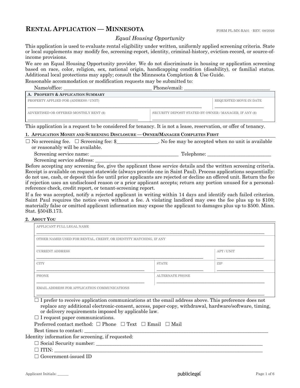 Page 1 of the Minnesota Residential Rental Application form