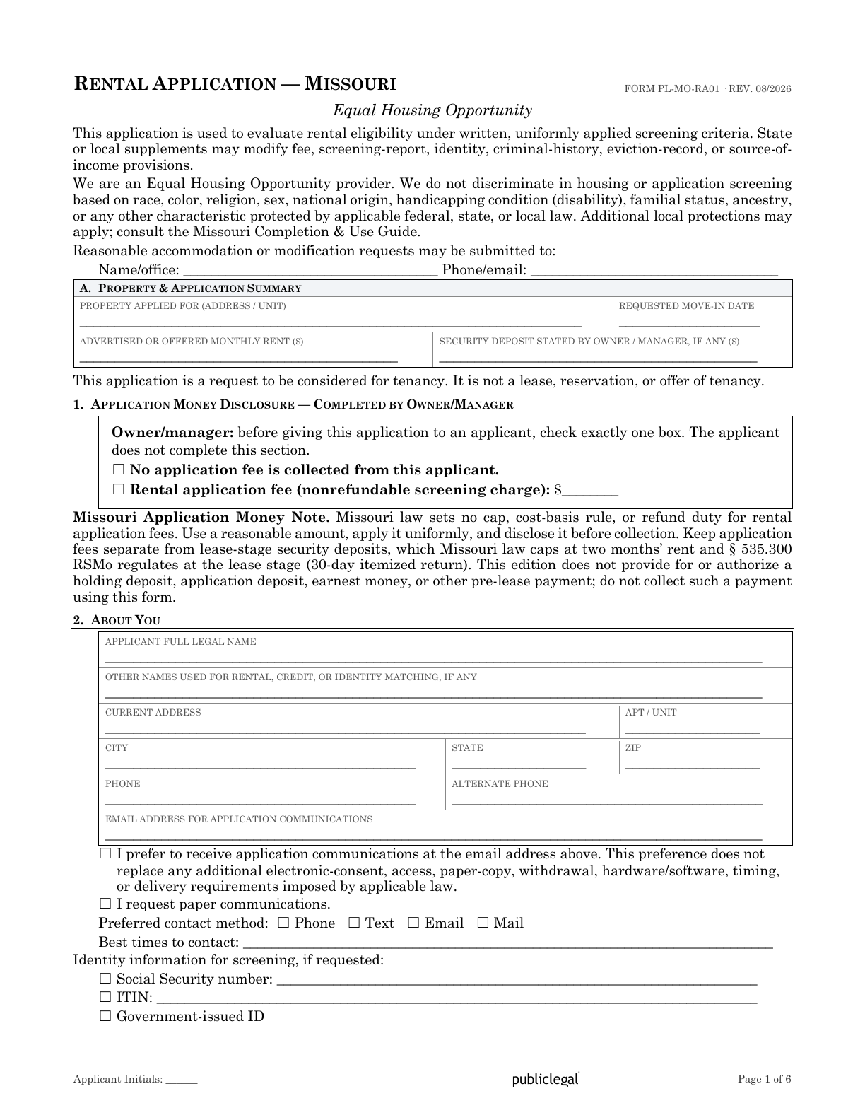 Page 1 of the Missouri Residential Rental Application form