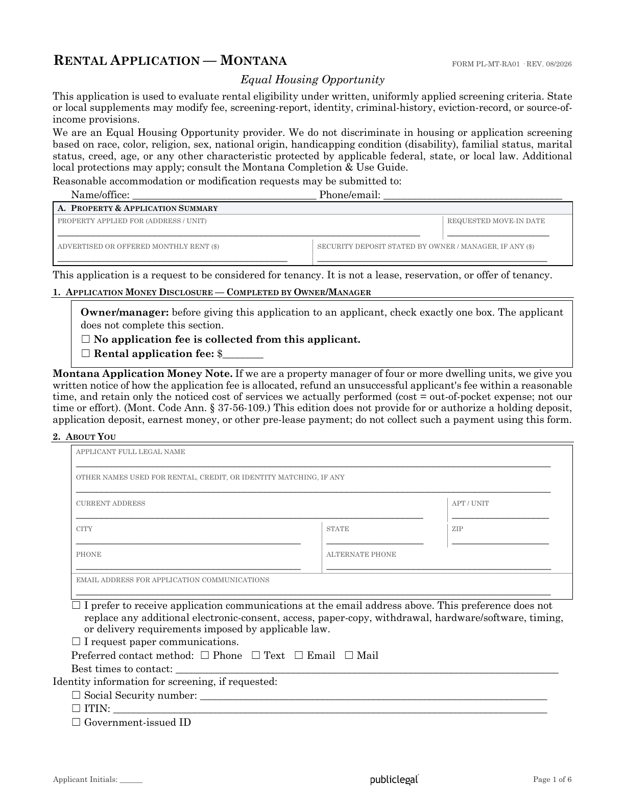 Page 1 of the Montana Residential Rental Application form