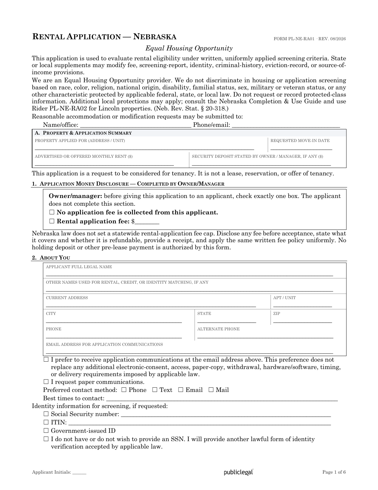 Page 1 of the Nebraska Residential Rental Application form
