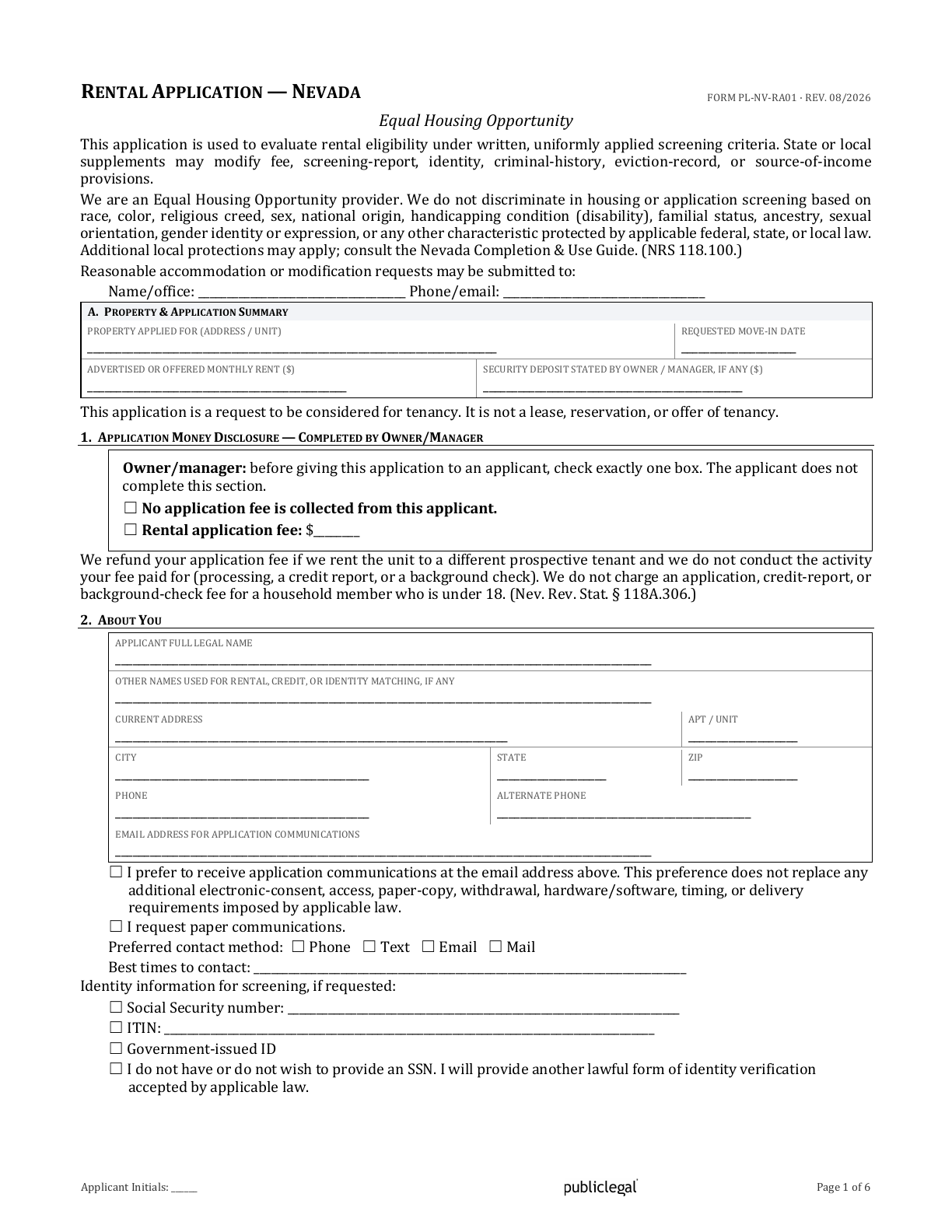 Page 1 of the Nevada Residential Rental Application form