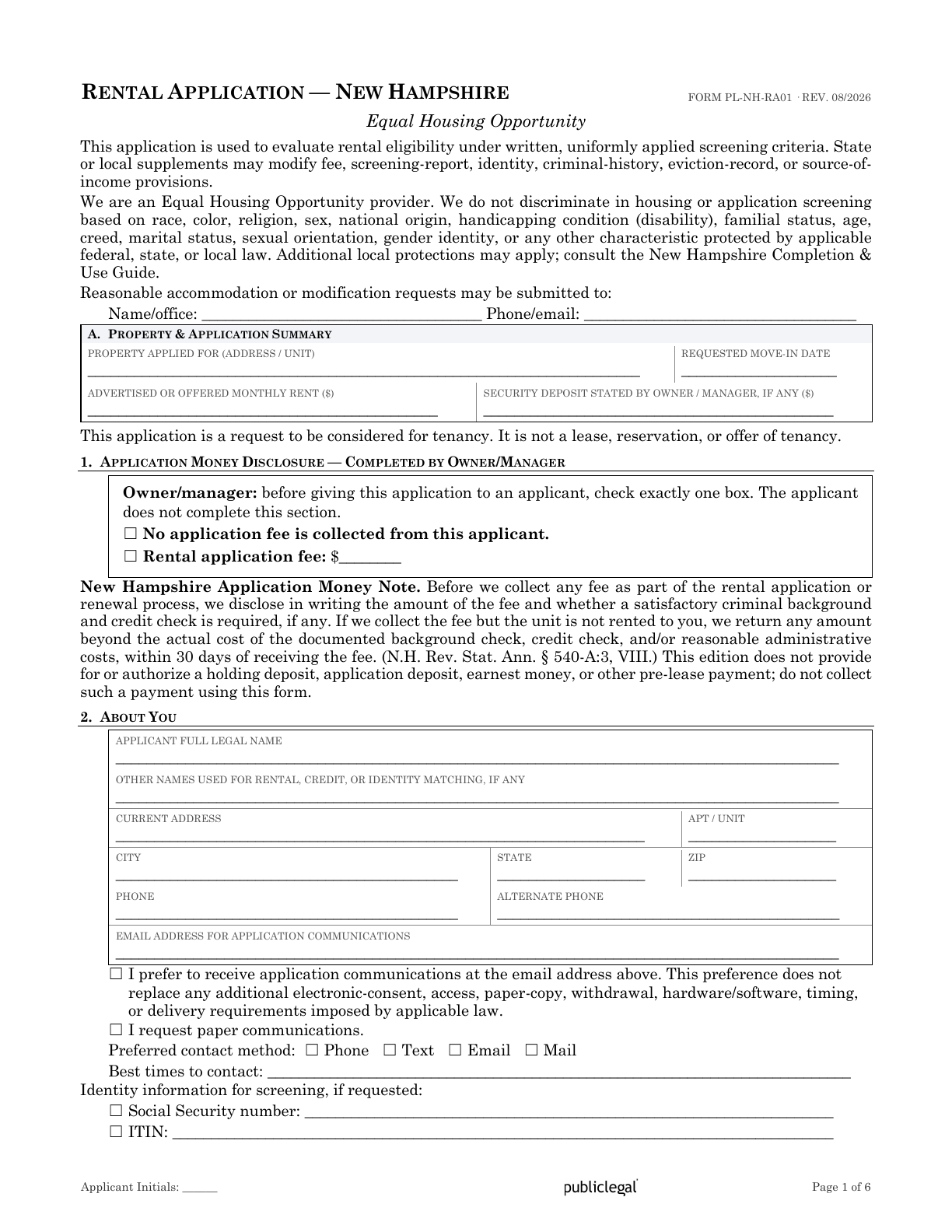 Page 1 of the New Hampshire Residential Rental Application form