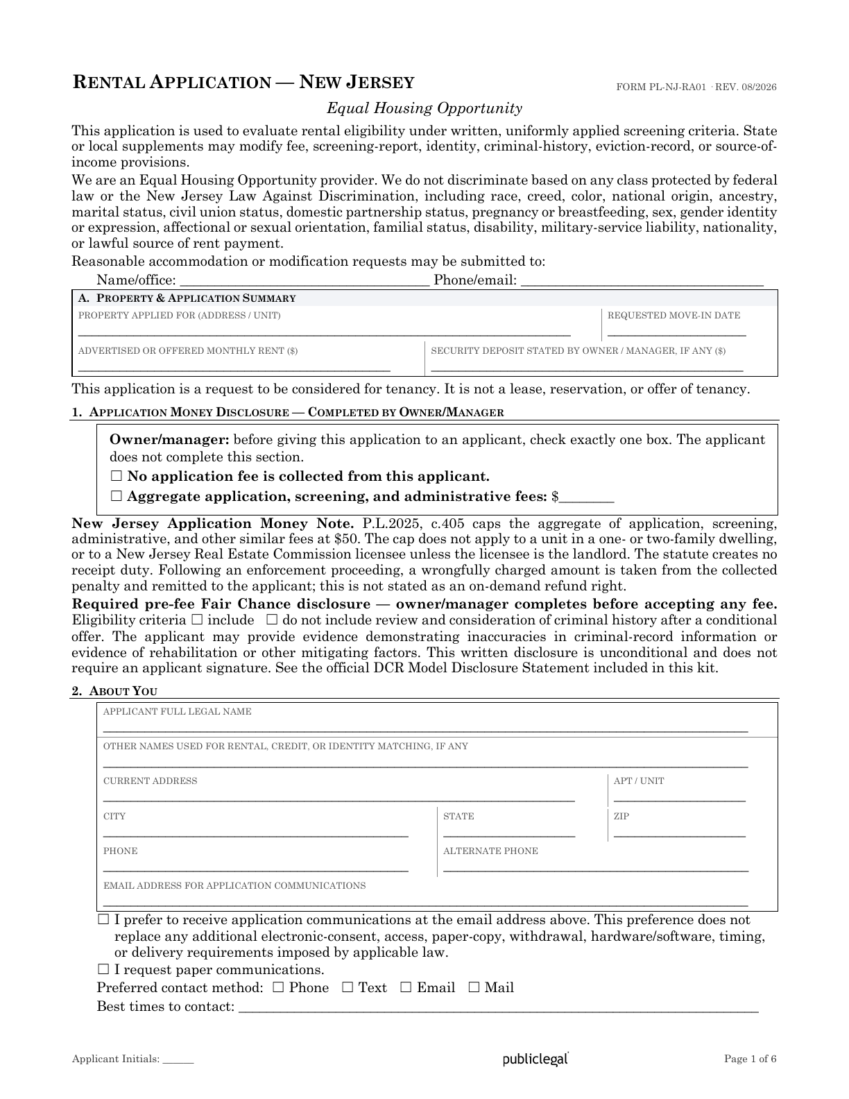 Page 1 of the New Jersey Residential Rental Application form