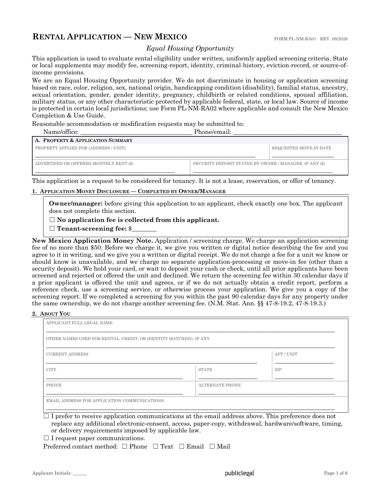Page 1 of the New Mexico Residential Rental Application