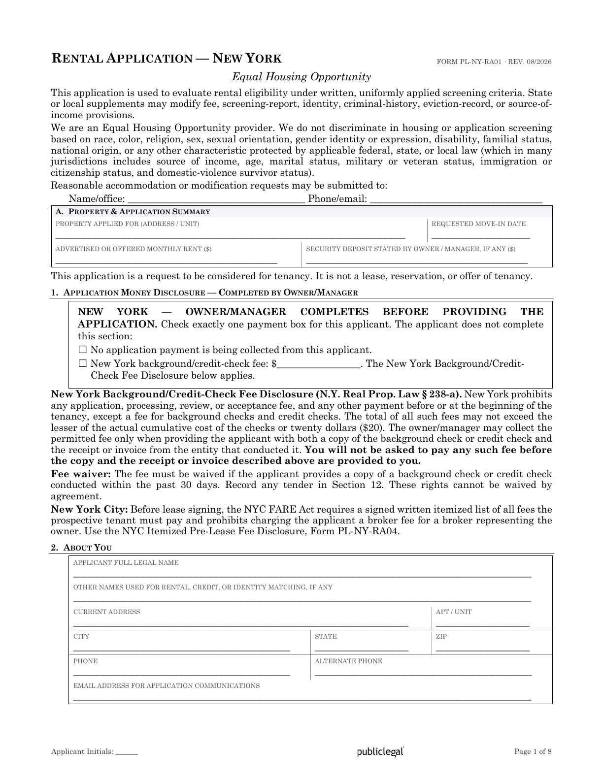 Page 1 of the New York Residential Rental Application form