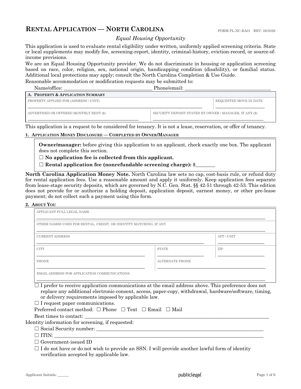 Page 1 of the North Carolina Residential Rental Application form
