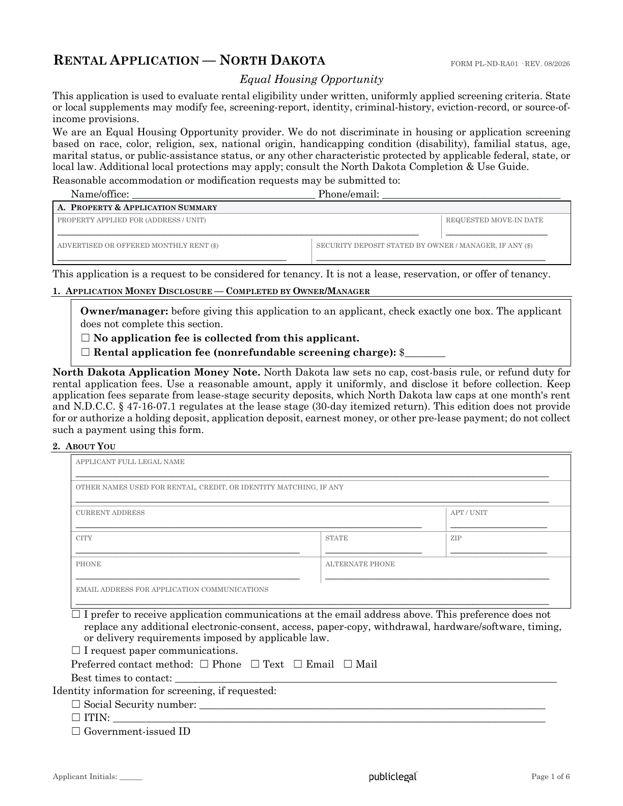 Page 1 of the North Dakota Residential Rental Application form