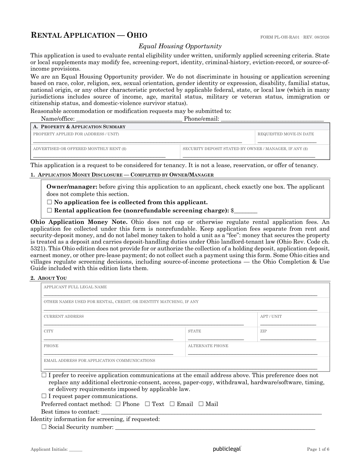 Page 1 of the Ohio Residential Rental Application form