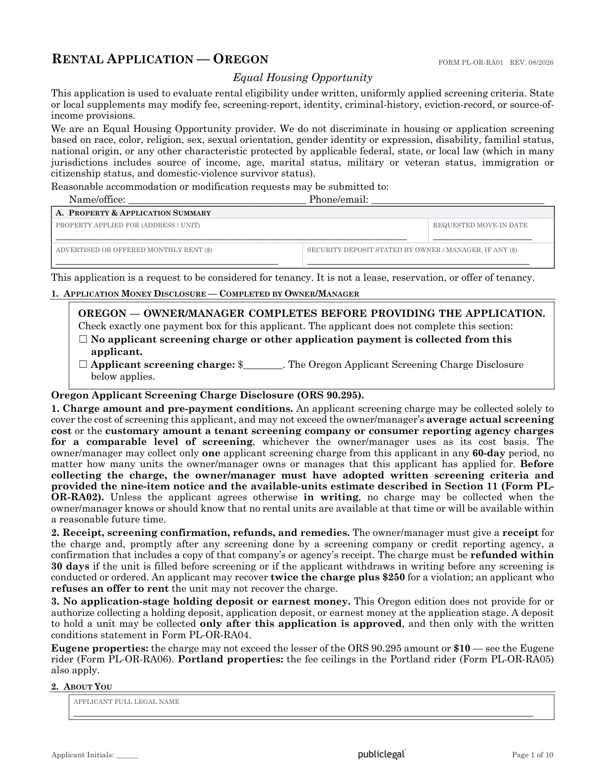 Page 1 of the Oregon Residential Rental Application form