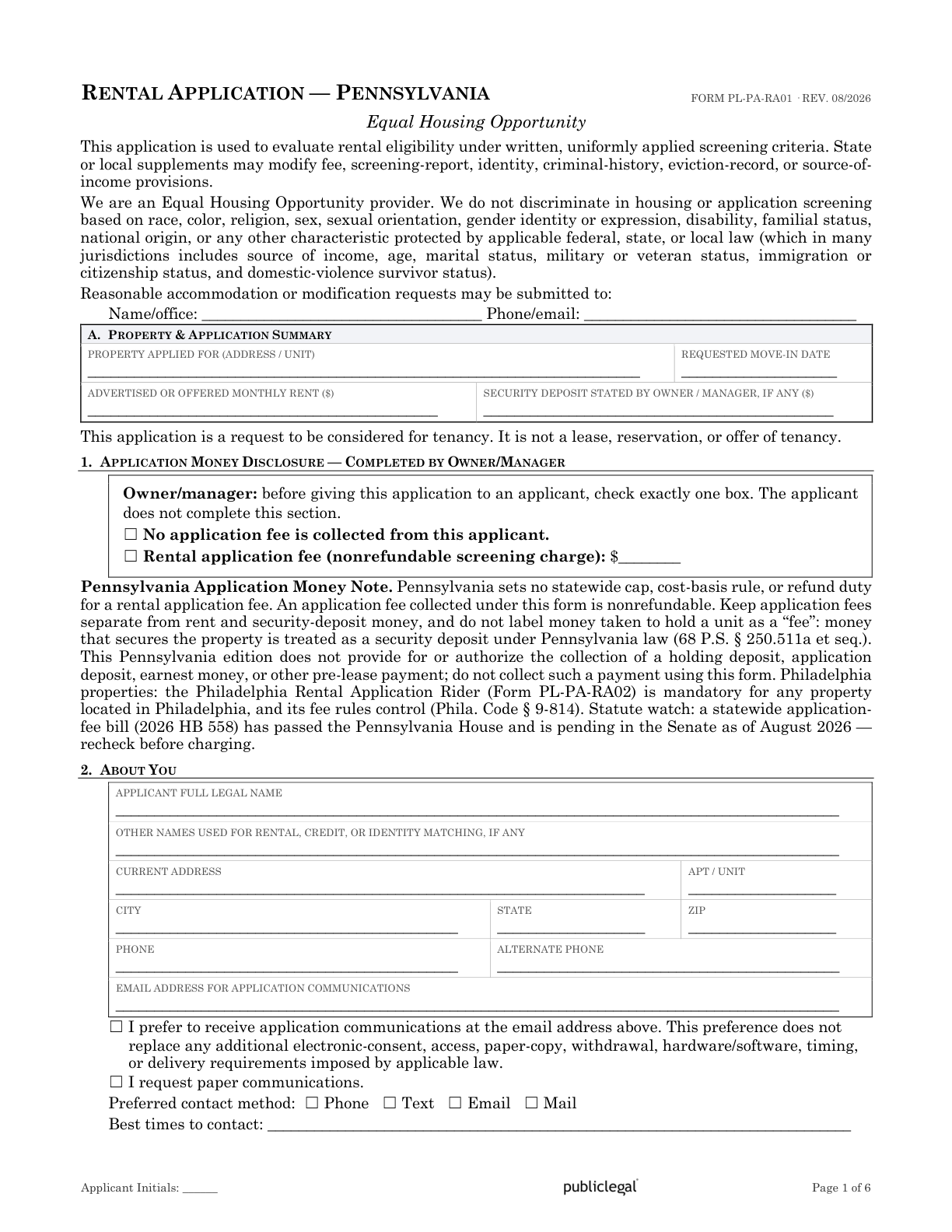 Page 1 of the Pennsylvania Residential Rental Application form