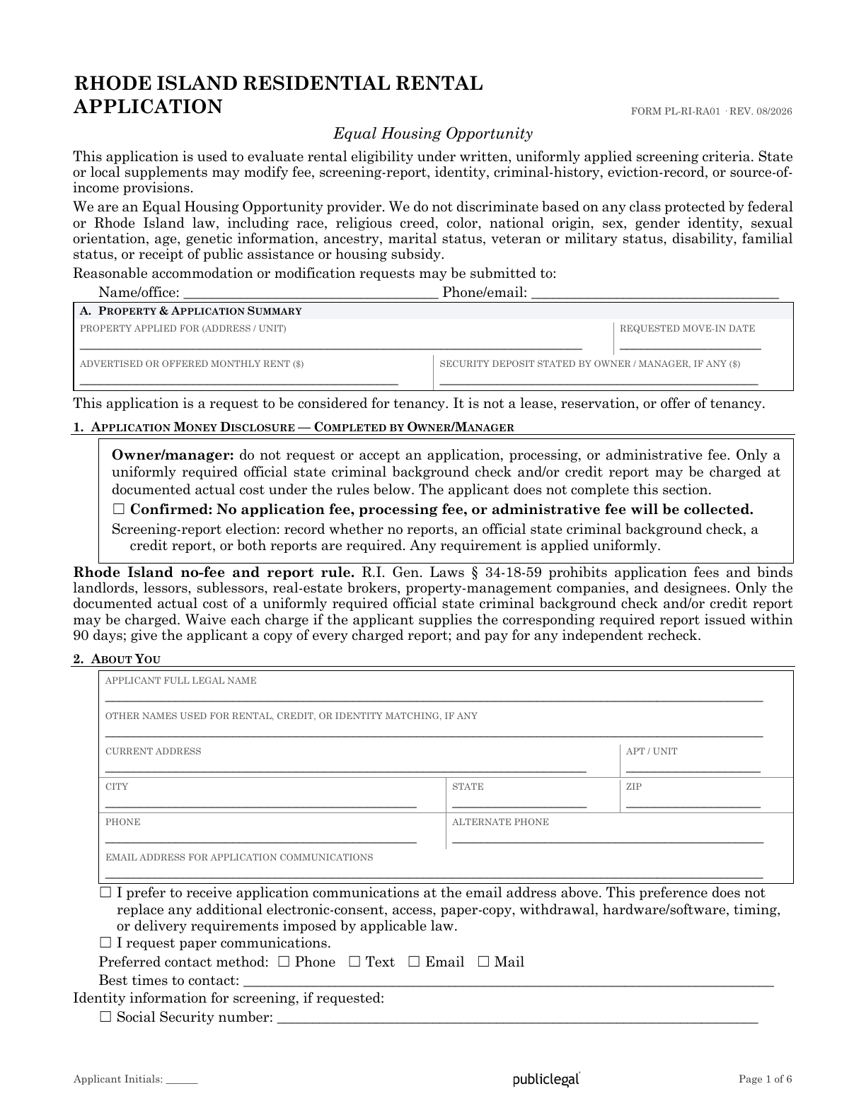 Page 1 of the Rhode Island Residential Rental Application form