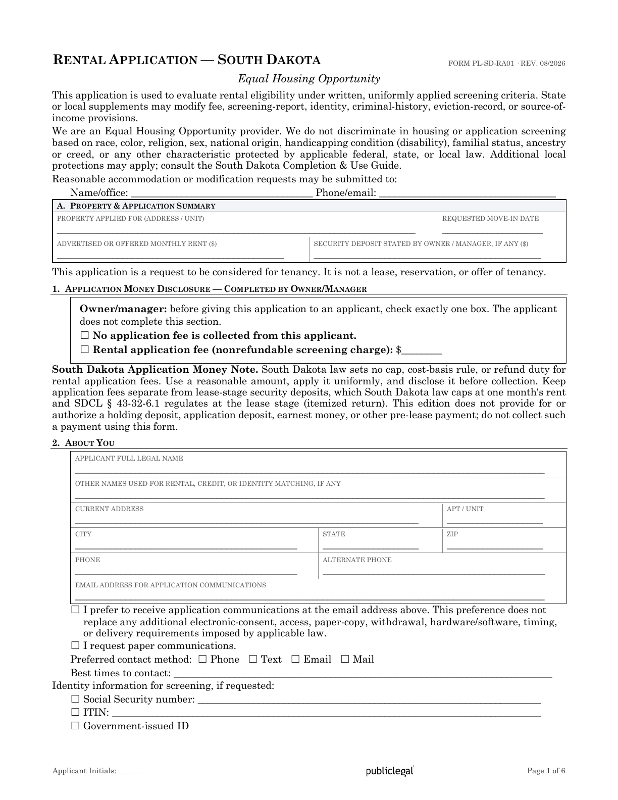 Page 1 of the South Dakota Residential Rental Application form