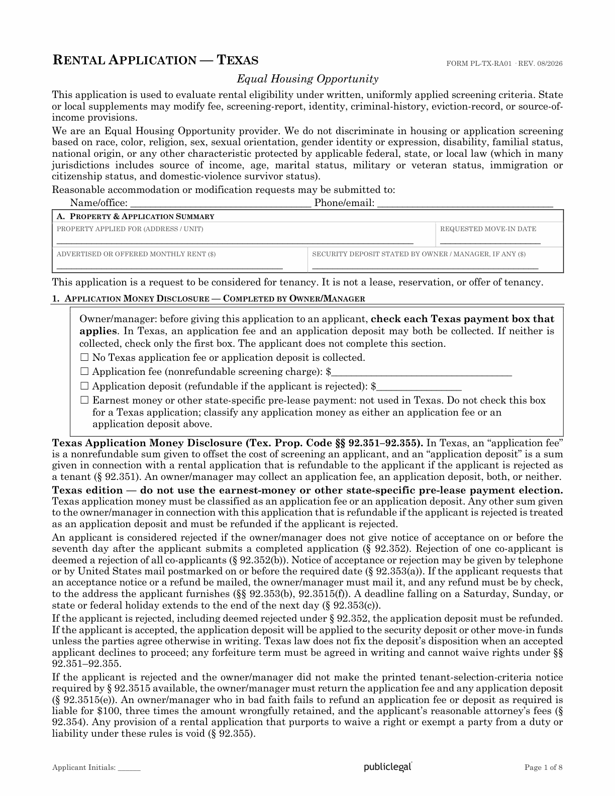 Page 1 of the Texas Residential Rental Application form