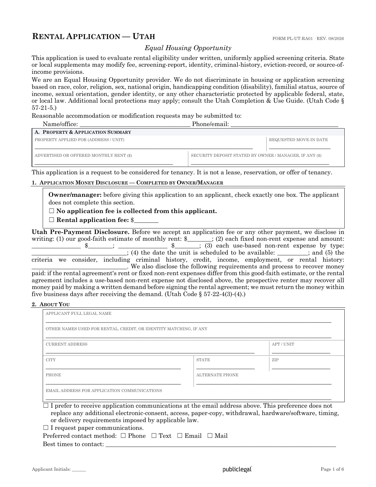 Page 1 of the Utah Residential Rental Application form