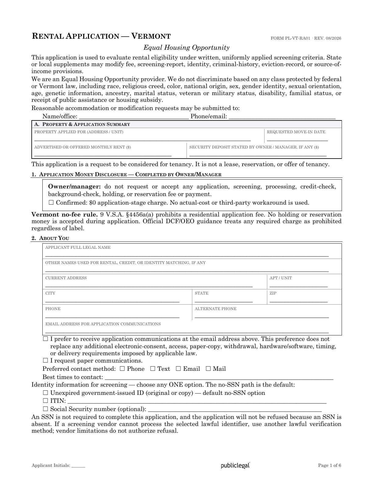 Page 1 of the Vermont Residential Rental Application form