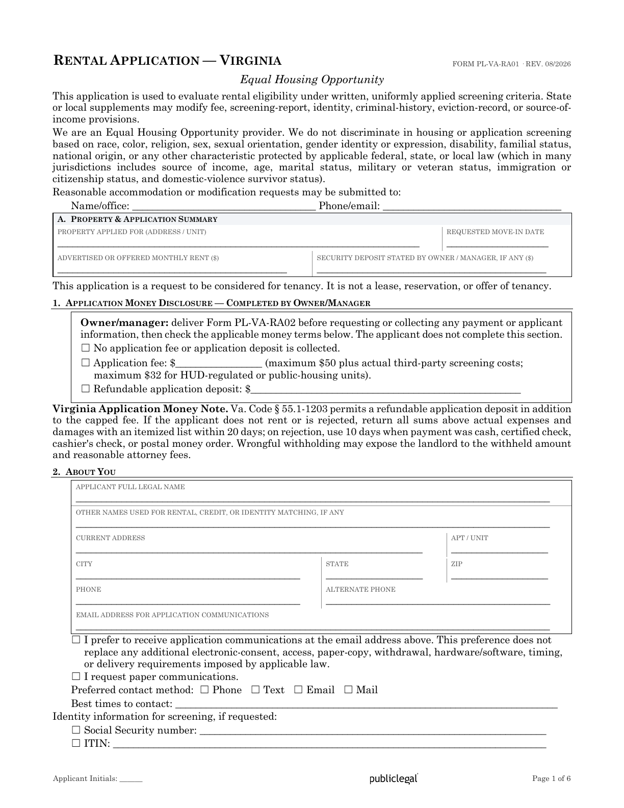 Page 1 of the Virginia Residential Rental Application form