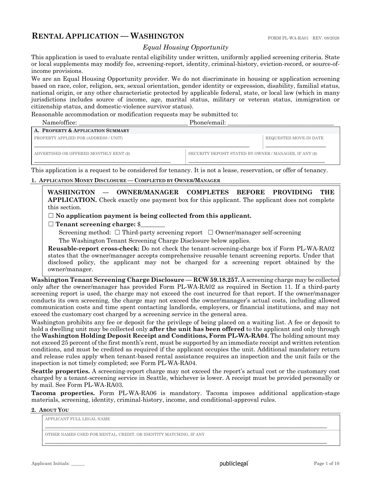 Page 1 of the Washington Residential Rental Application form