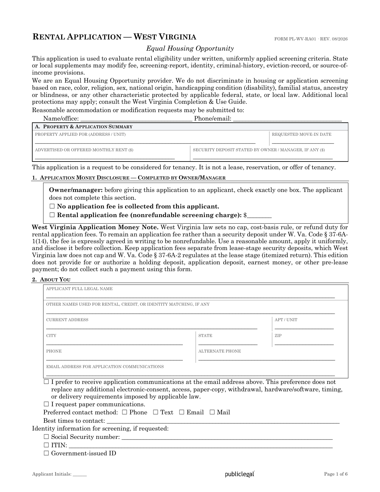 Page 1 of the West Virginia Residential Rental Application form