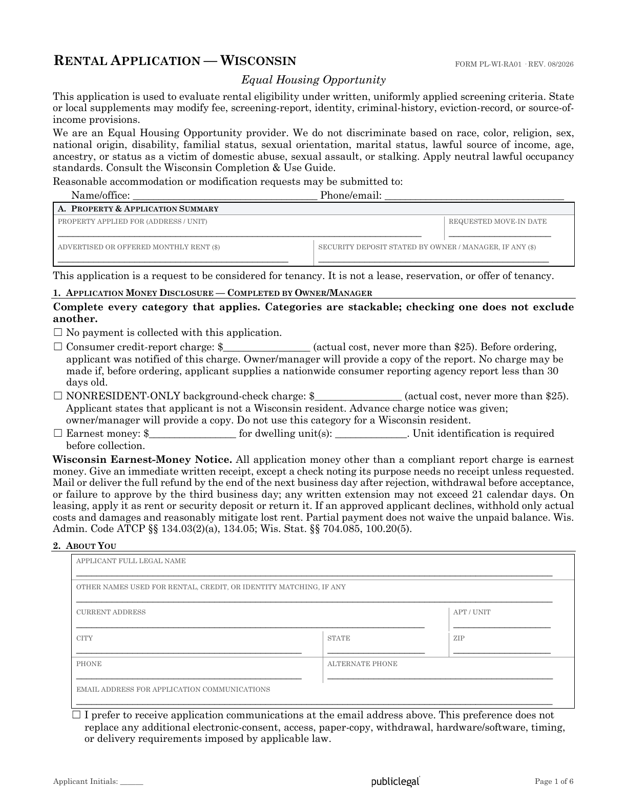 Page 1 of the Wisconsin Residential Rental Application form