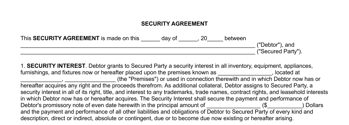 Top of the Security Agreement form