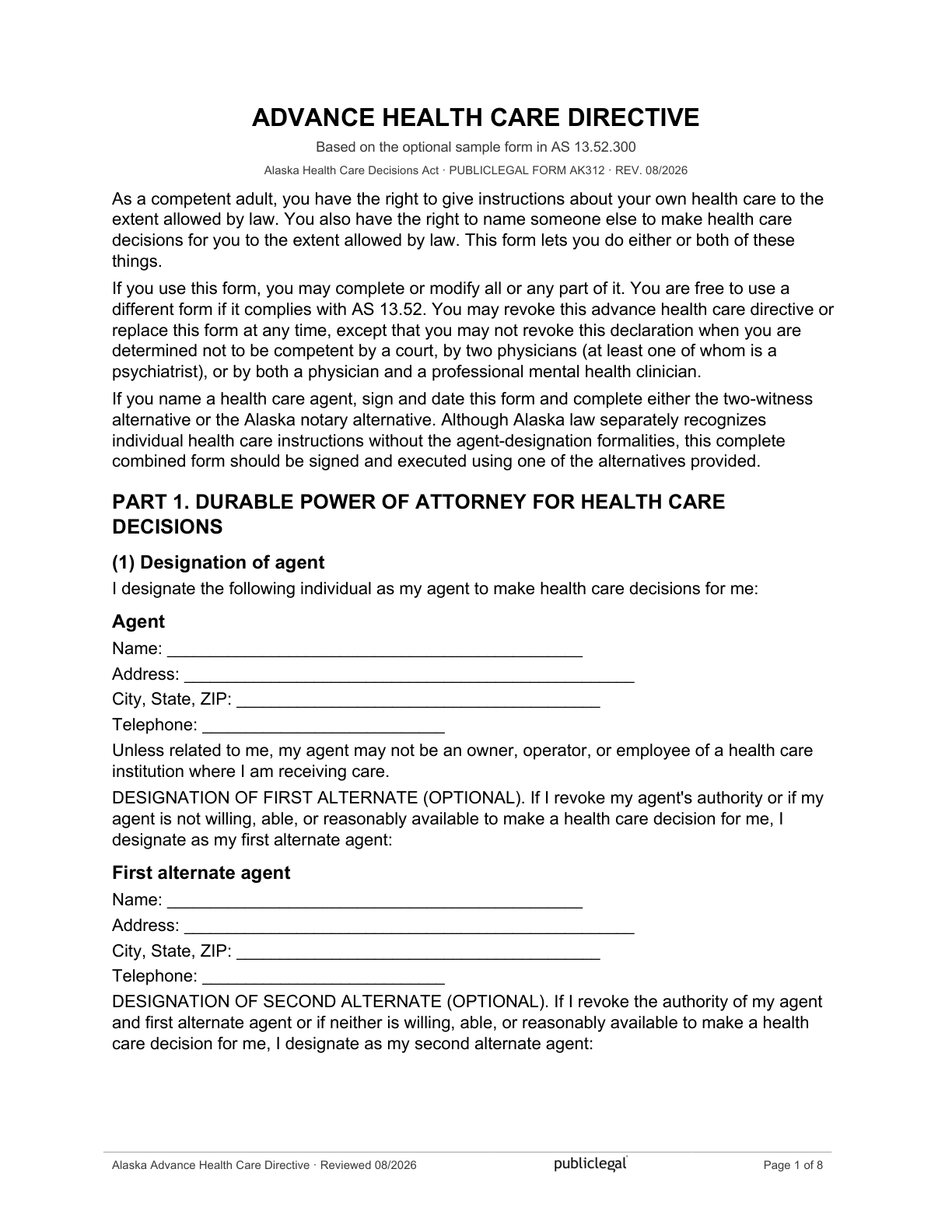 Page 1 of the Alaska Advance Health Care Directive