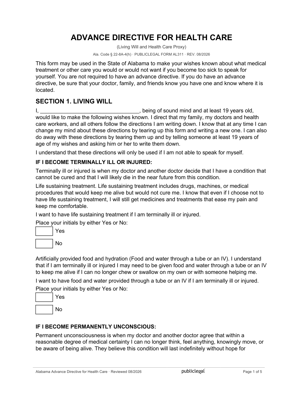 Page 1 of the Alabama Advance Directive for Health Care