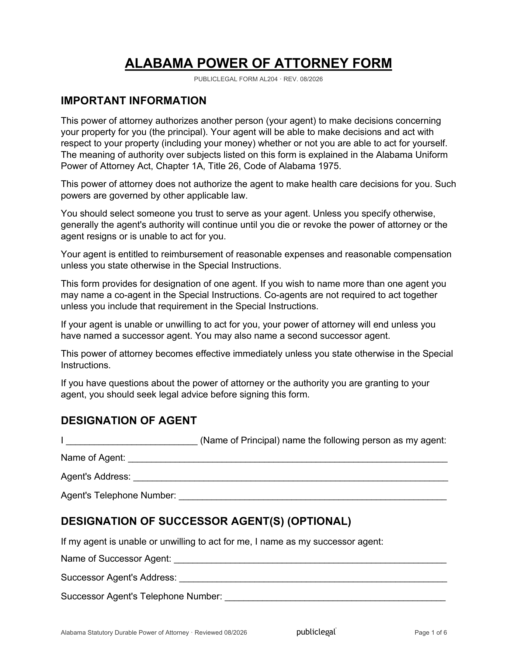 Page 1 of the Alabama Durable Power of Attorney form, as delivered in the download