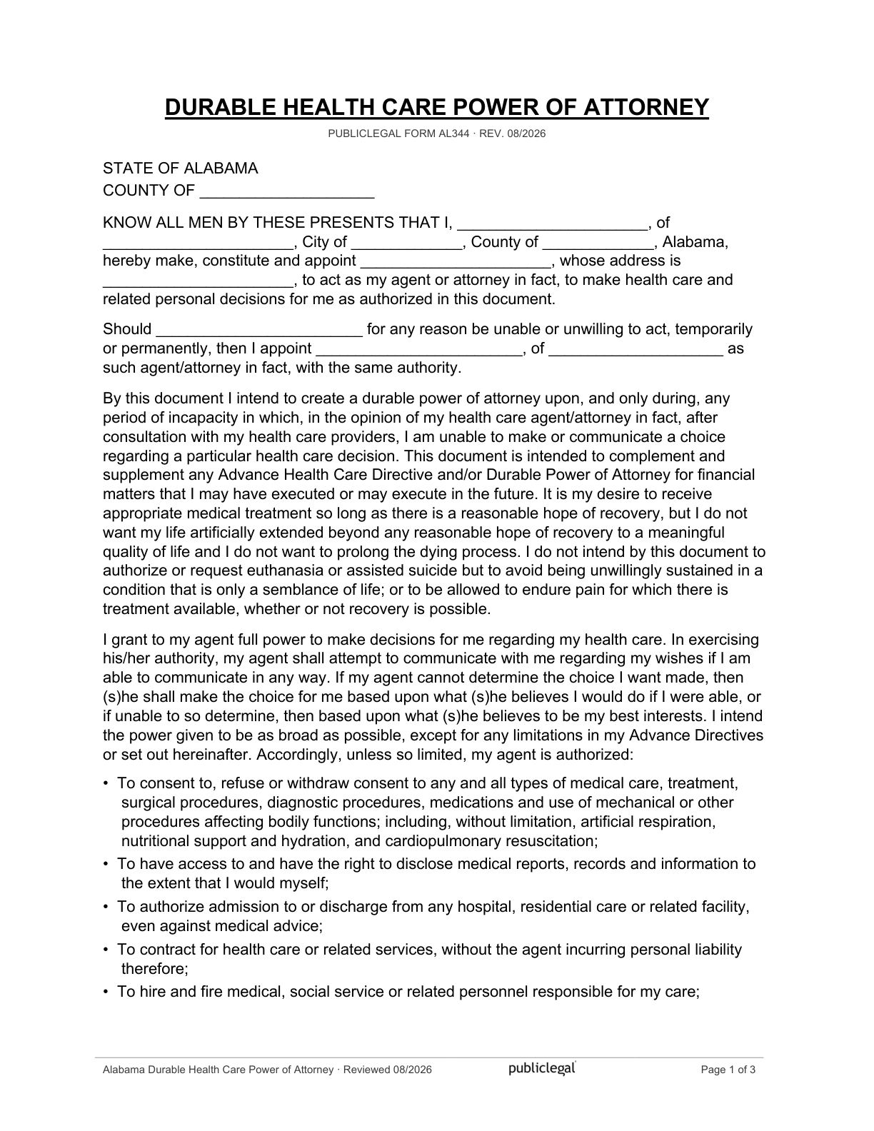 Page 1 of the Alabama Durable Health Care Power of Attorney