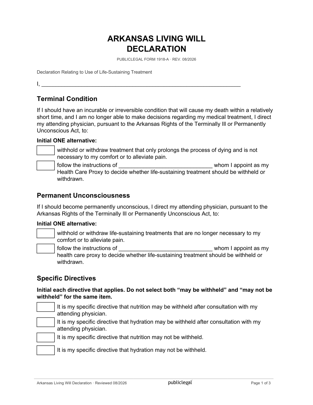 Page 1 of the Arkansas Living Will Declaration, as delivered in the download