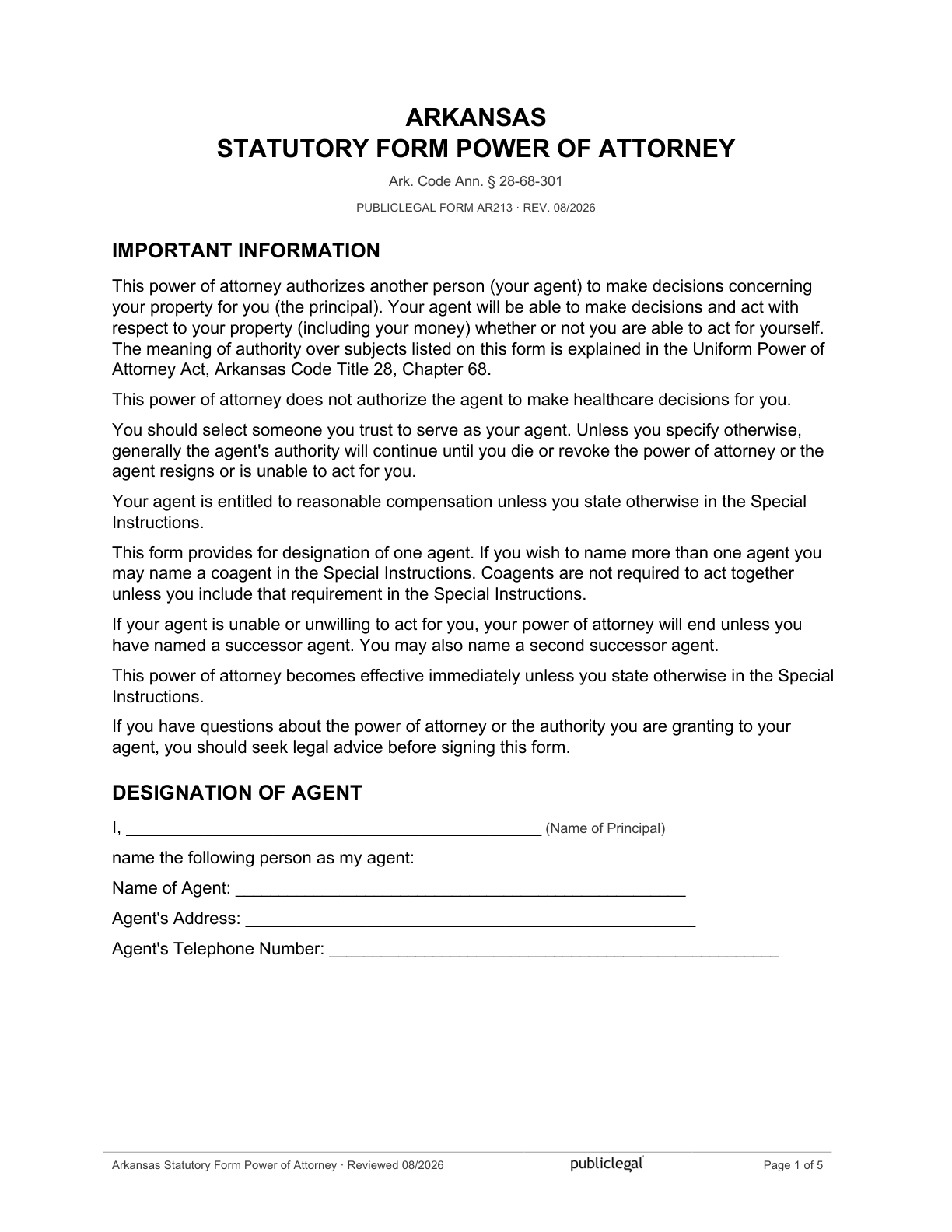 Page 1 of the Arkansas Statutory Form Power of Attorney