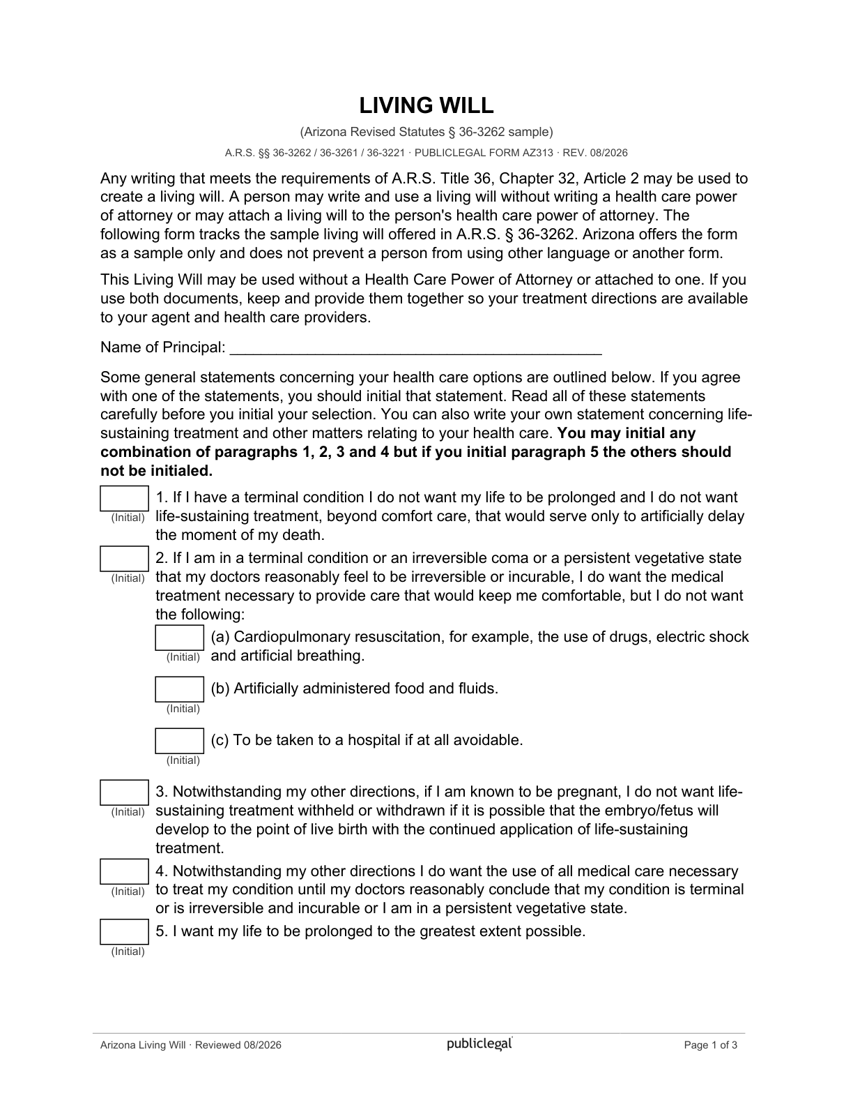 Page 1 of the Arizona Living Will, as delivered in the download