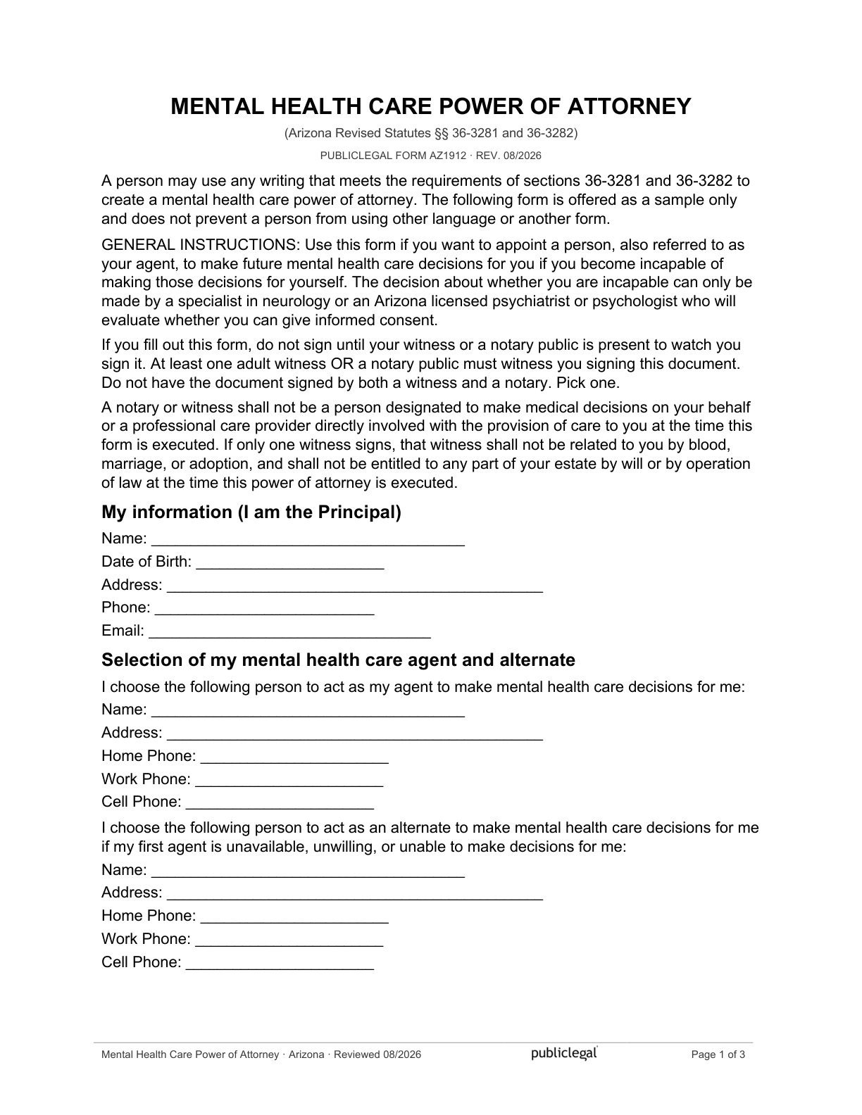 Page 1 of the Arizona Mental Health Care Power of Attorney