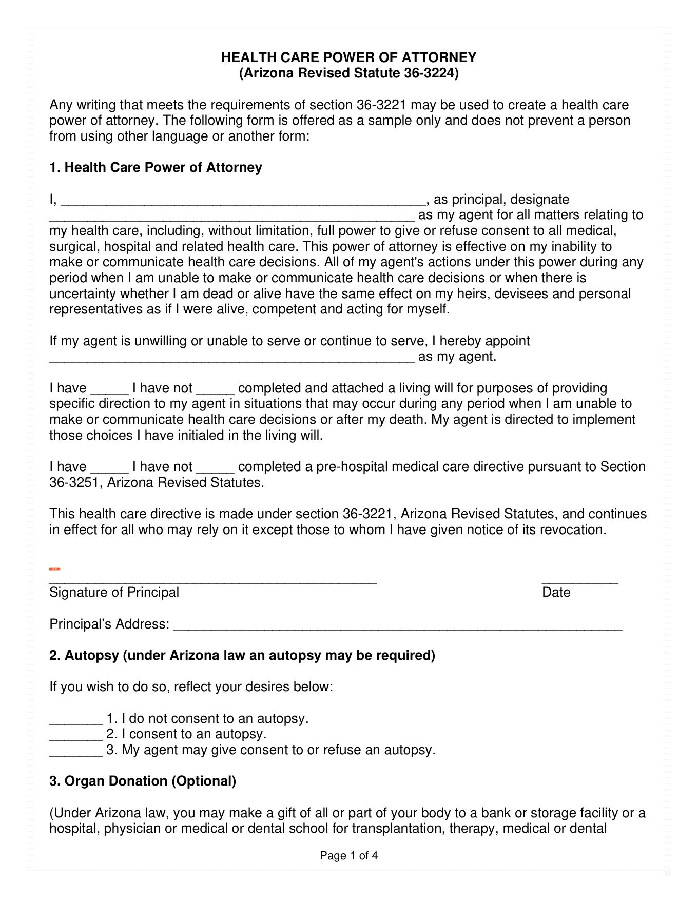 Page 1 of the Arizona Health Care Power of Attorney, as delivered in the download