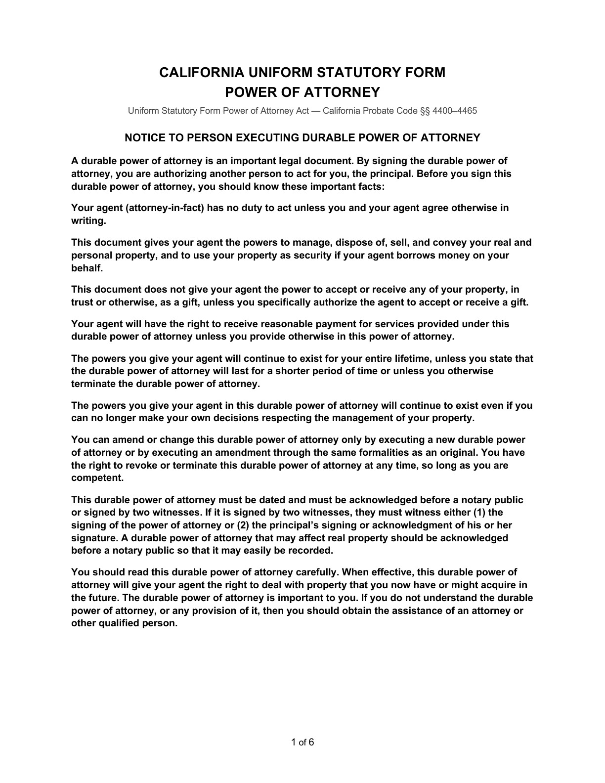 Page 1 of the California Uniform Statutory Form Power of Attorney packet, as delivered in the download