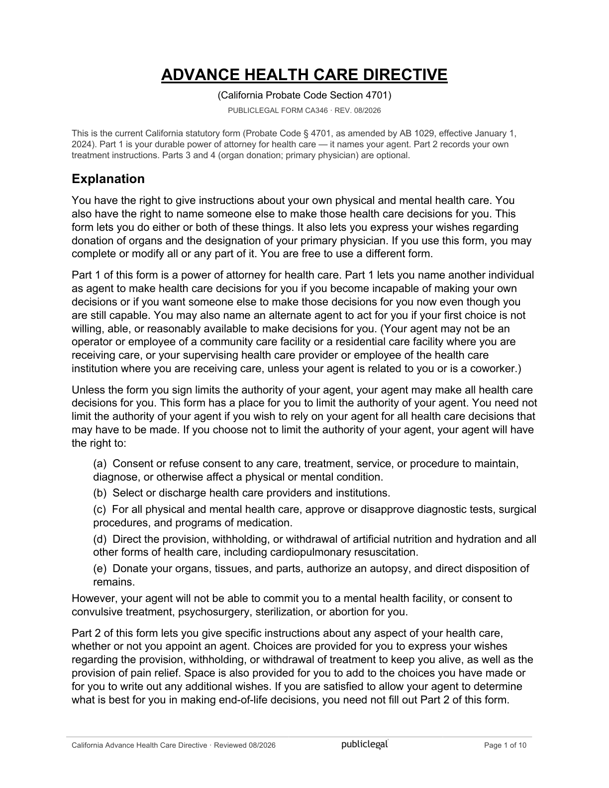 Page 1 of the California Advance Health Care Directive (durable power of attorney for health care), as delivered in the download
